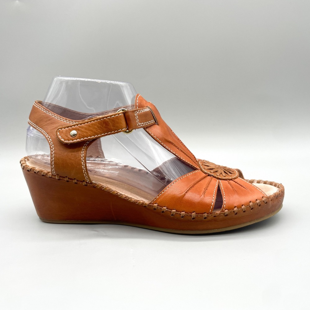 Pikolinos Womens 39 Tan Leather TStrap Wedge Sandal Peep Toe Boho Coastal Hippie